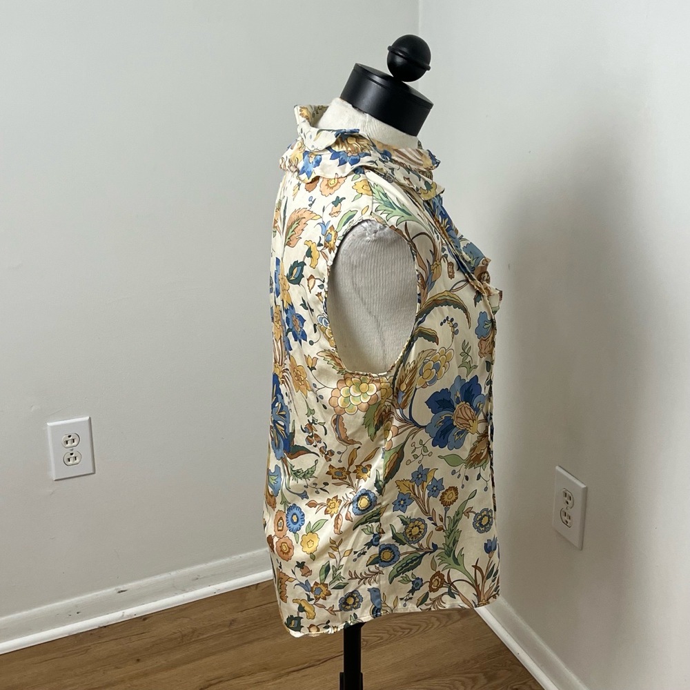 Talbots Silk Blue Floral Print Button Down Collared Neck Ruffled Front Blouse 8‎ - Picture 5 of 9